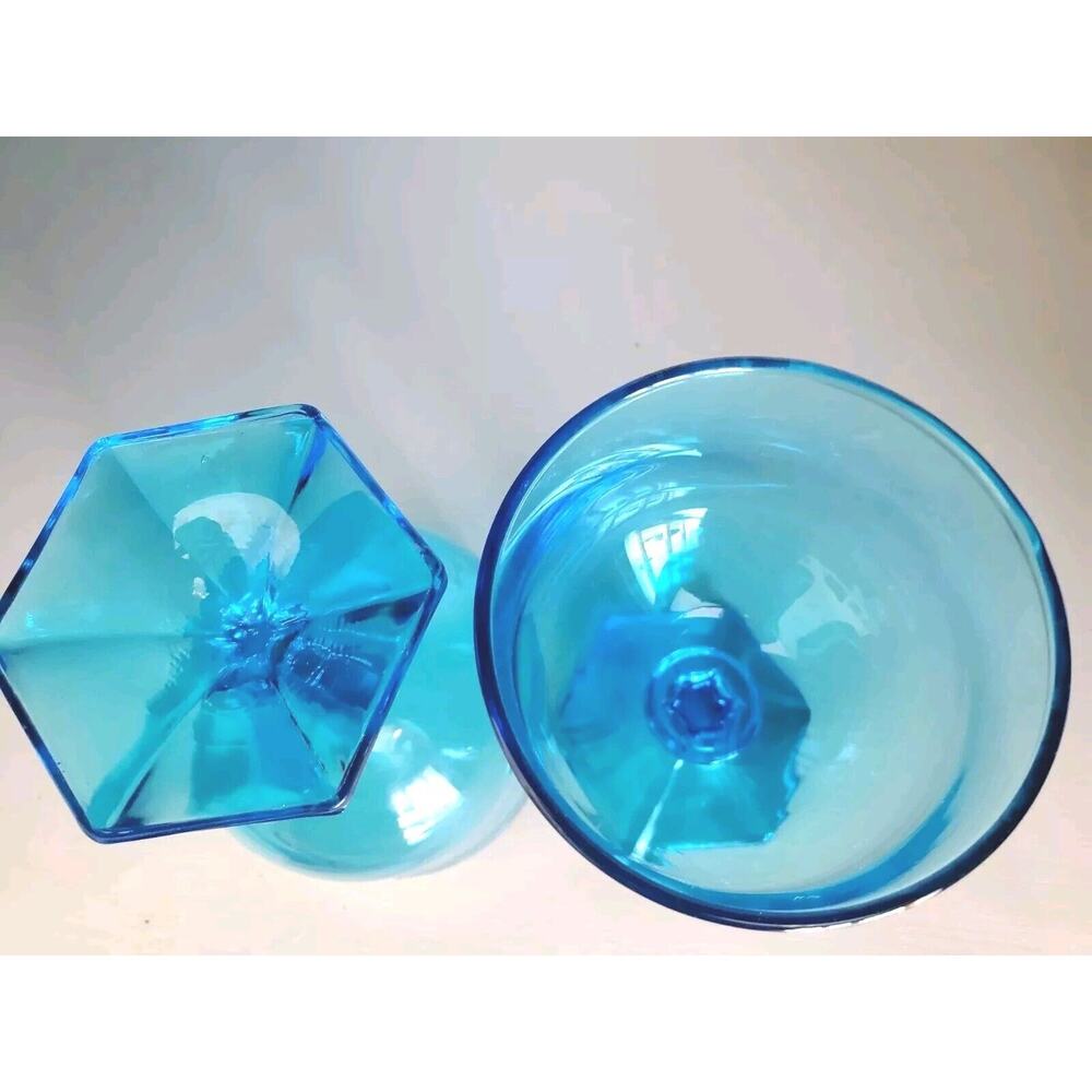 Vintage 1970s MCM Anchor Hocking Flair Laser Blue Footed Wine Glasses Set of 2 - Picture 5 of 9